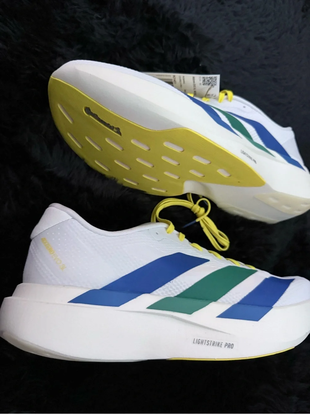 adidas Adizero Men’s White Running Shoes with Blue, Green & Yellow Accents